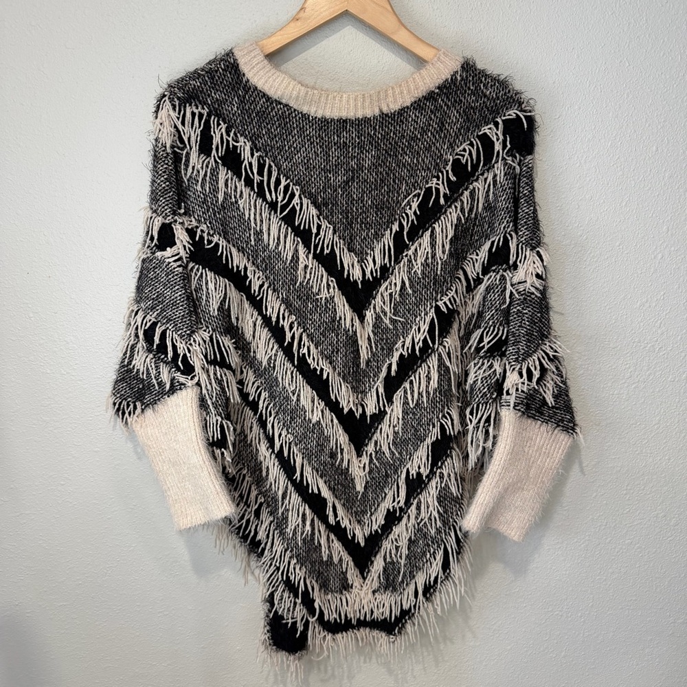 Tesoro Moda Fringed Black and Cream Sweater Poncho